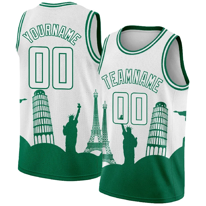 Basketball Jersey With Sublimated Print-Custom White Kelly Green Holiday Travel Monuments Silhouette Authentic City Edition Basketball Jersey