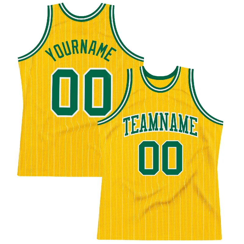 Basketball Jersey With Lightweight Padding-Custom Gold White Pinstripe Kelly Green Authentic Basketball Jersey