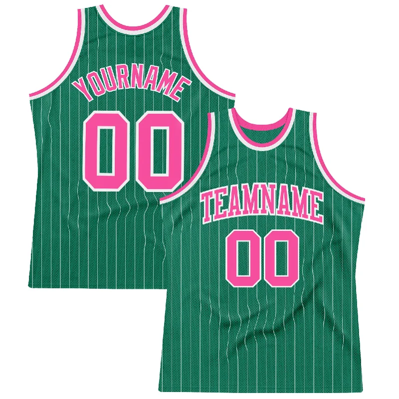 Basketball Jersey With Custom Font Styles-Custom Kelly Green White Pinstripe Pink Authentic Basketball Jersey