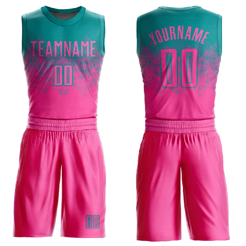 Basketball Jersey With Animal Print-Custom Teal Pink Round Neck Sublimation Basketball Suit Jersey