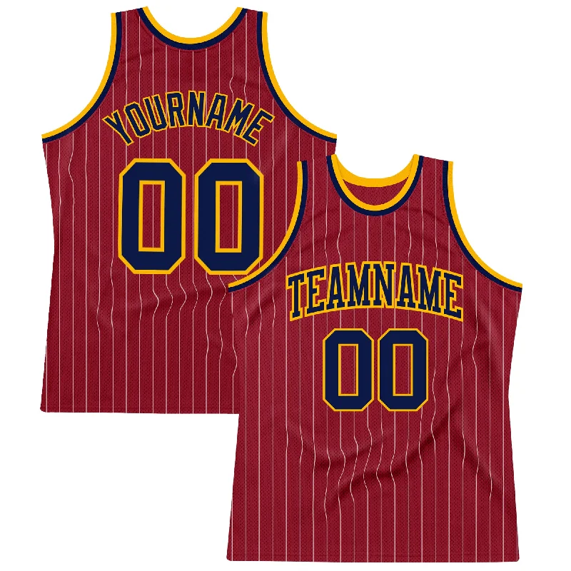 Basketball Jersey With Long Sleeves-Custom Maroon White Pinstripe Navy-Gold Authentic Basketball Jersey