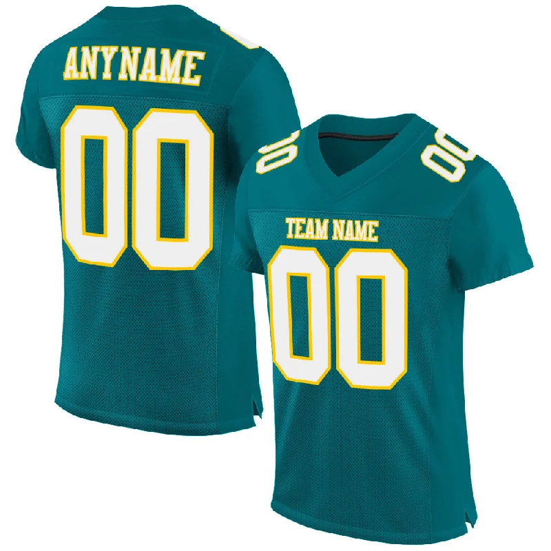 Football Jersey With Short Sleeves-Custom Teal White-Gold Mesh Authentic Football Jersey