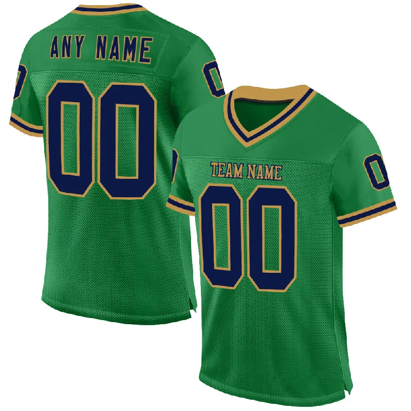 Football Jersey With Puffy Print-Custom Grass Green Navy-Old Gold Mesh Authentic Throwback Football Jersey