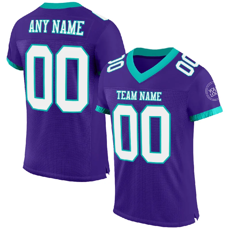 Football Jersey With High Durability-Custom Purple White-Aqua Mesh Authentic Football Jersey