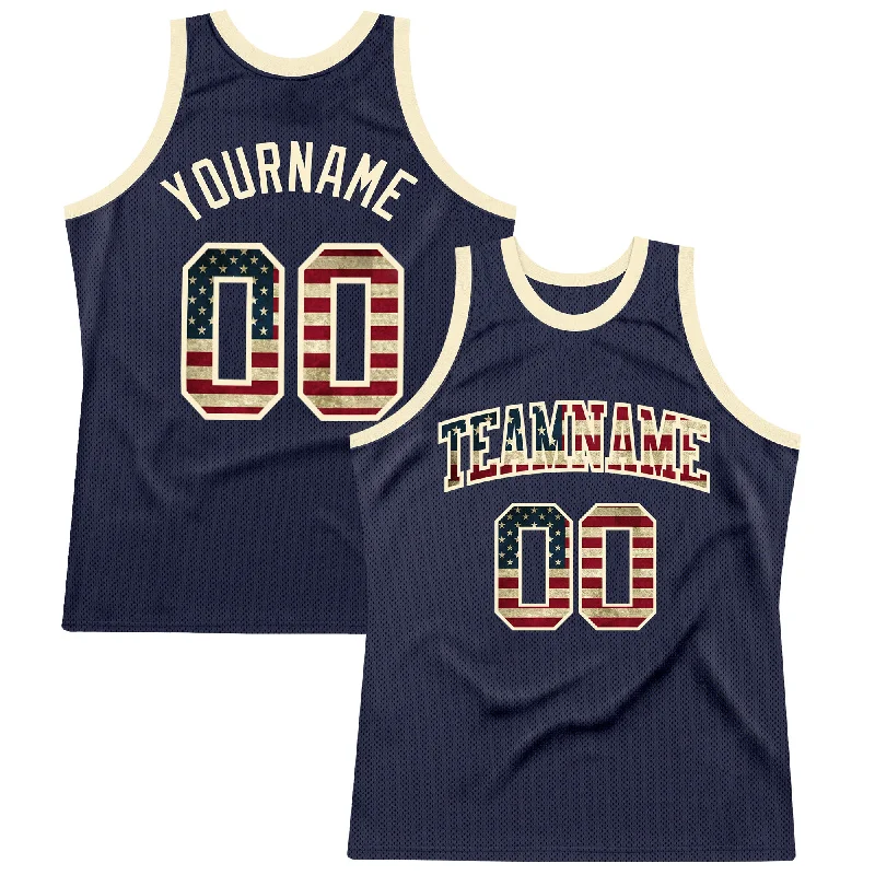 Basketball Jersey For Centers-Custom Navy Vintage USA Flag-Cream Authentic Throwback Basketball Jersey