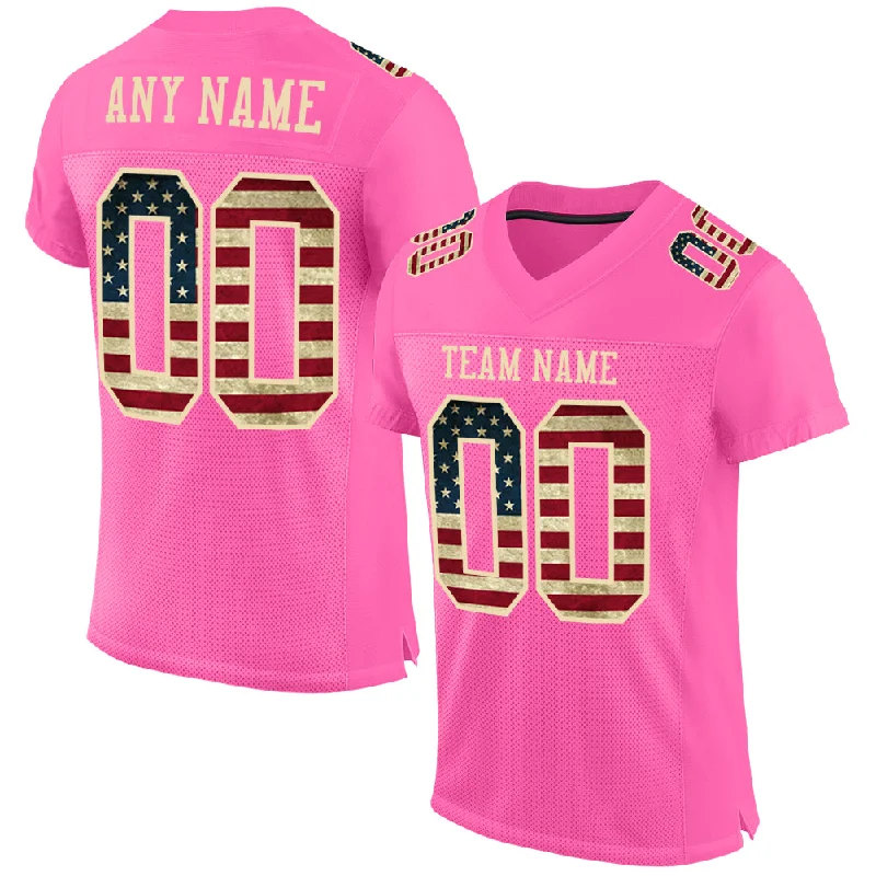 Football Jersey With Ergonomic Fit-Custom Pink Vintage USA Flag-City Cream Mesh Authentic Football Jersey