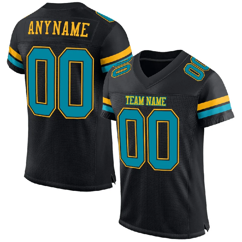 Football Jersey With Floral Patterns-Custom Black Teal-Gold Mesh Authentic Football Jersey