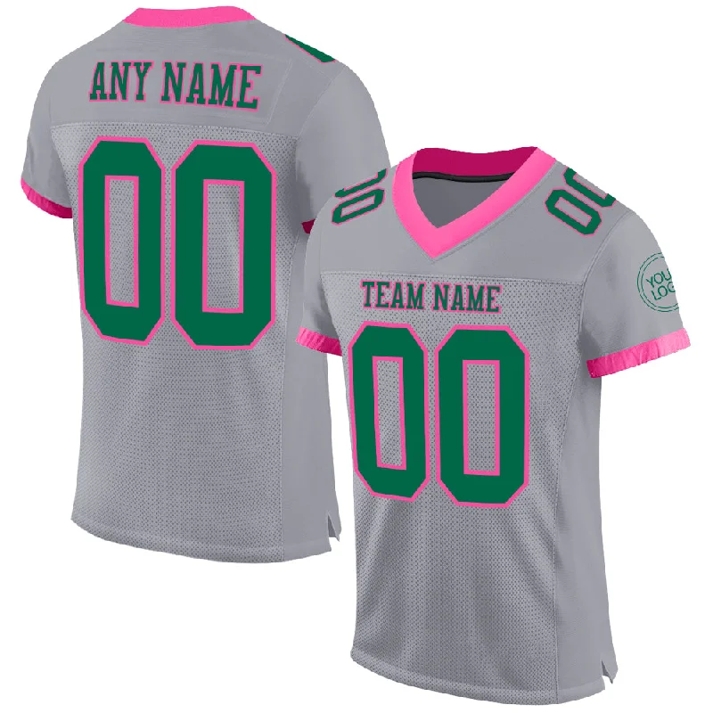 Football Jersey With Button-Up Style-Custom Gray Kelly Green-Pink Mesh Authentic Football Jersey