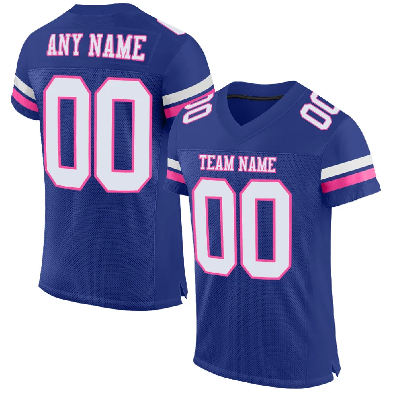 Football Jersey With Metallic Numbers-Custom Royal White-Pink Mesh Authentic Football Jersey