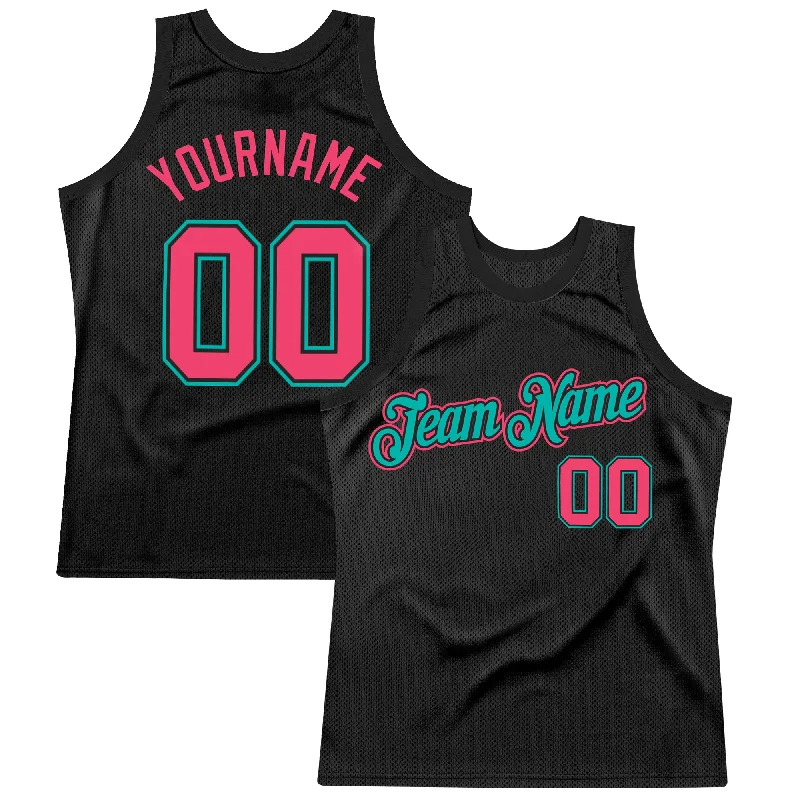 Basketball Jersey With Sweat-Wicking Tech-Custom Black Neon Pink-Aqua Authentic Throwback Basketball Jersey