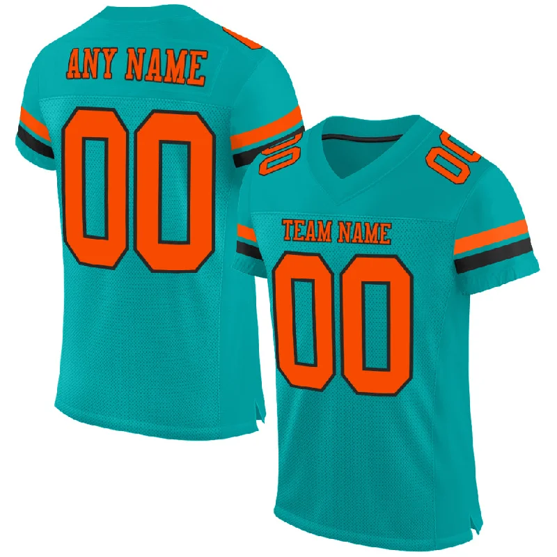 Football Jersey With Double Stitching-Custom Aqua Orange-Black Mesh Authentic Football Jersey