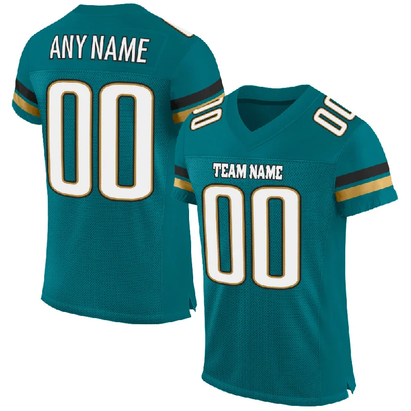 Football Jersey For Wide Receivers-Custom Teal White-Old Gold Mesh Authentic Football Jersey