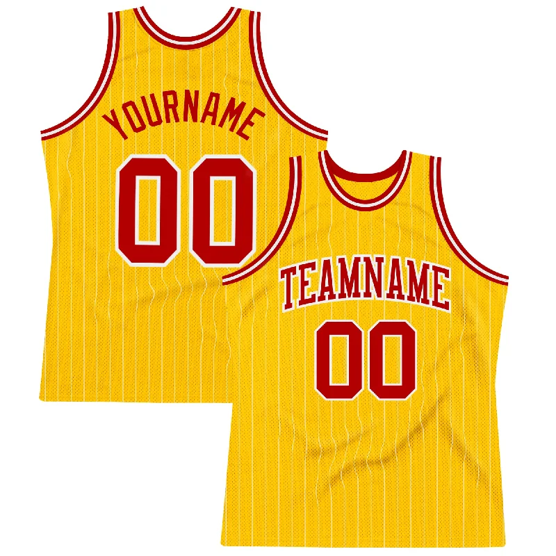 Basketball Jersey With Secure Zip Pocket-Custom Gold White Pinstripe Red Authentic Basketball Jersey