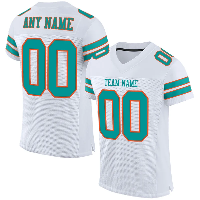 Football Jersey With Metallic Foil Details-Custom White Aqua-Orange Mesh Authentic Football Jersey