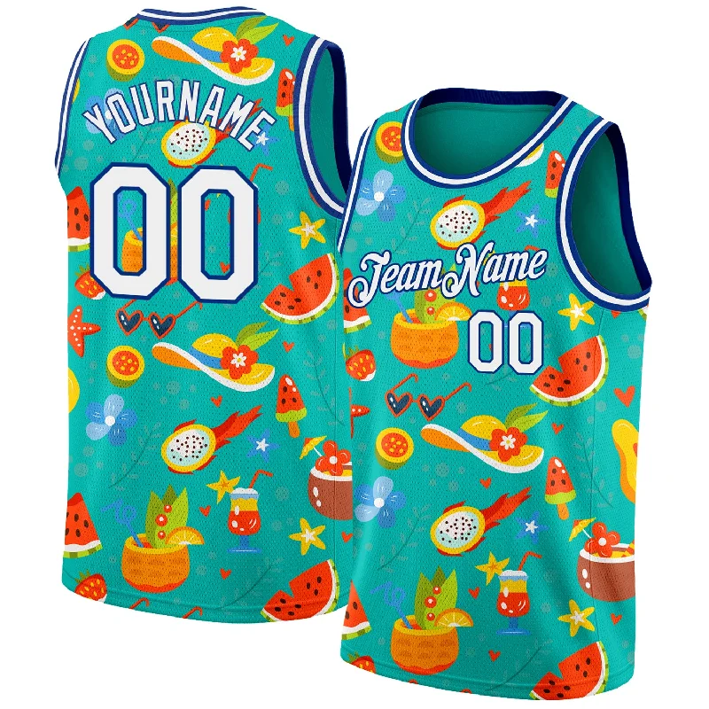 Basketball Jersey With Mesh Panels-Custom Aqua White-Royal 3D Pattern Summer Hawaii Beach Holiday Authentic Basketball Jersey