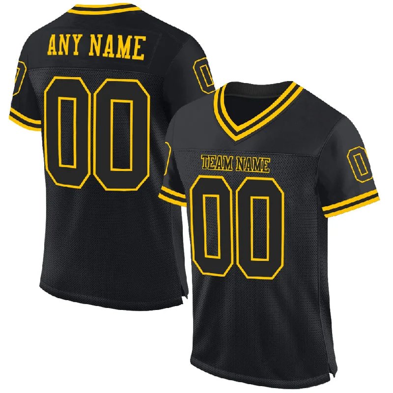 Football Jersey With Team Spirit-Custom Black Black-Gold Mesh Authentic Throwback Football Jersey