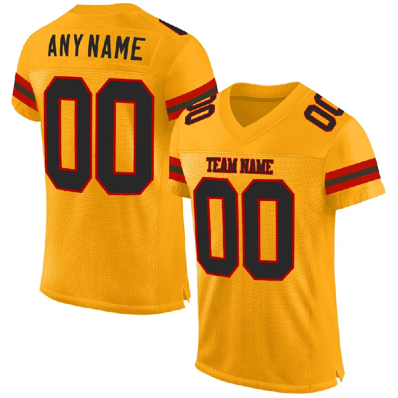 Football Jersey With Flag Football Theme-Custom Gold Black-Red Mesh Authentic Football Jersey