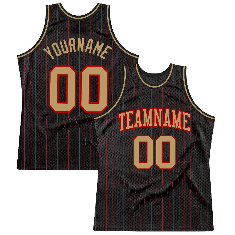 Basketball Jersey With Throwback Style-Custom Black Red Pinstripe Old Gold-Red Authentic Basketball Jersey