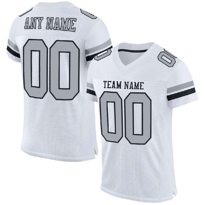 Football Jersey With Round Neck-Custom White Silver-Black Mesh Authentic Football Jersey