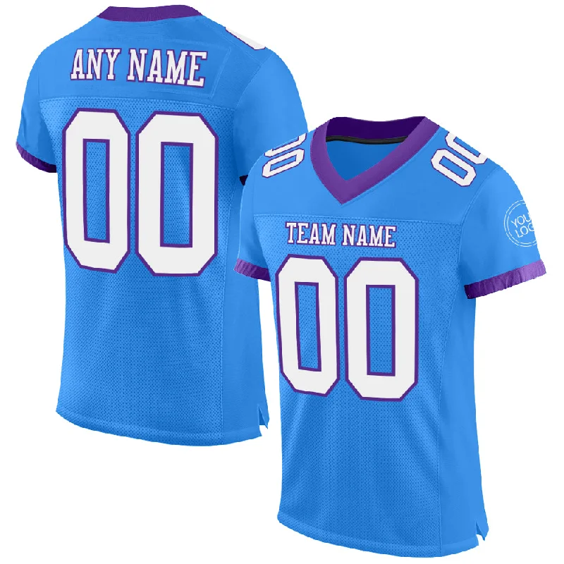 Football Jersey With Tournament Logo-Custom Powder Blue White-Purple Mesh Authentic Football Jersey