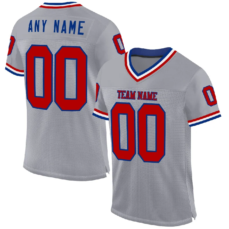 Football Jersey With Modern Athletic Cut-Custom Gray Red-Royal Mesh Authentic Throwback Football Jersey