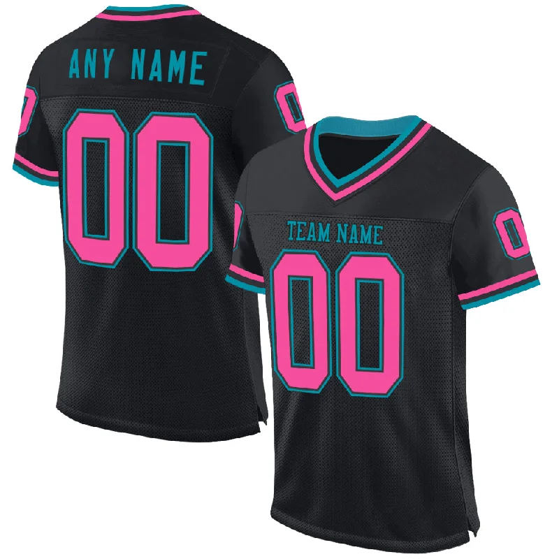 Football Jersey With Moisture-Wicking Tech-Custom Black Pink-Teal Mesh Authentic Throwback Football Jersey