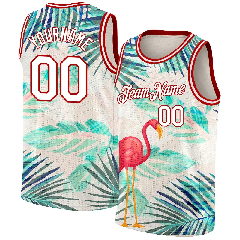 Basketball Jersey With Reflective Details-Custom White Red 3D Pattern Tropical Hawaii Leaves And Flamingo Authentic Basketball Jersey