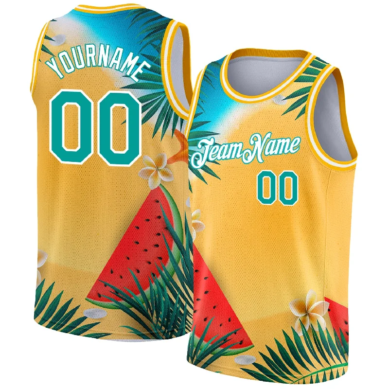 Basketball Jersey With Extended Length-Custom Gold Teal-White 3D Pattern Tropical Beach Hawaii Palm Trees Authentic Basketball Jersey