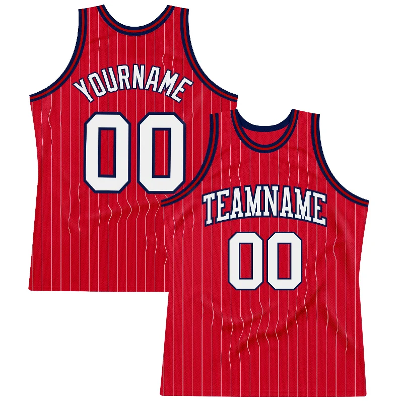 Basketball Jersey With Camo Print-Custom Red White Pinstripe White-Navy Authentic Basketball Jersey