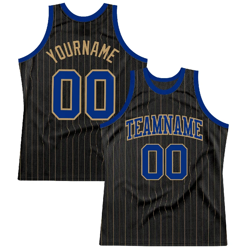 Basketball Jersey For Kids-Custom Black Old Gold Pinstripe Royal-Old Gold Authentic Basketball Jersey