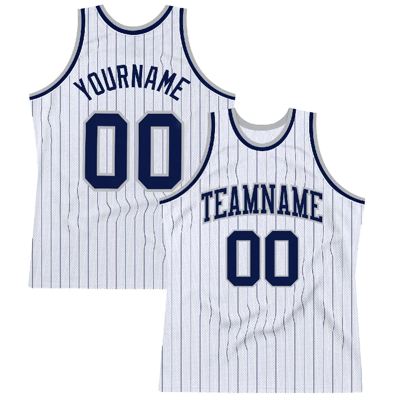 Basketball Jersey With Wrinkle-Free Design-Custom White Navy Pinstripe Navy-Gray Authentic Basketball Jersey