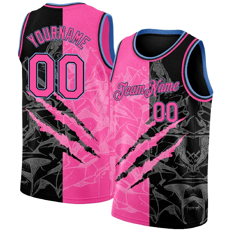 Basketball Jersey With Breathable Fabric-Custom Graffiti Pattern Pink Black-Light Blue 3D Scratch Authentic Basketball Jersey