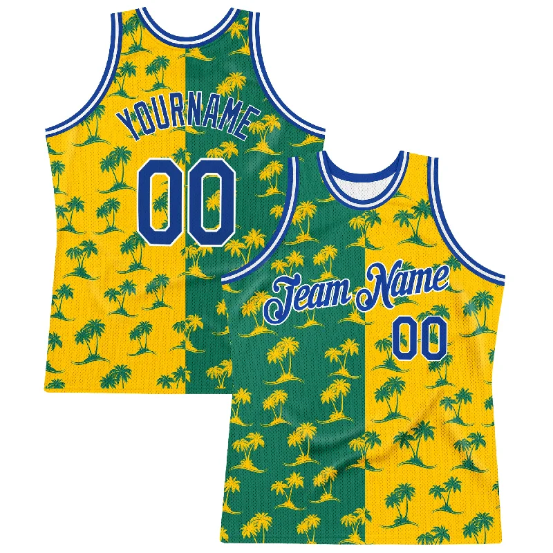 Basketball Jersey With Smart Fabric Technology-Custom Kelly Green Royal-Gold 3D Pattern Hawaii Palm Trees Authentic Basketball Jersey