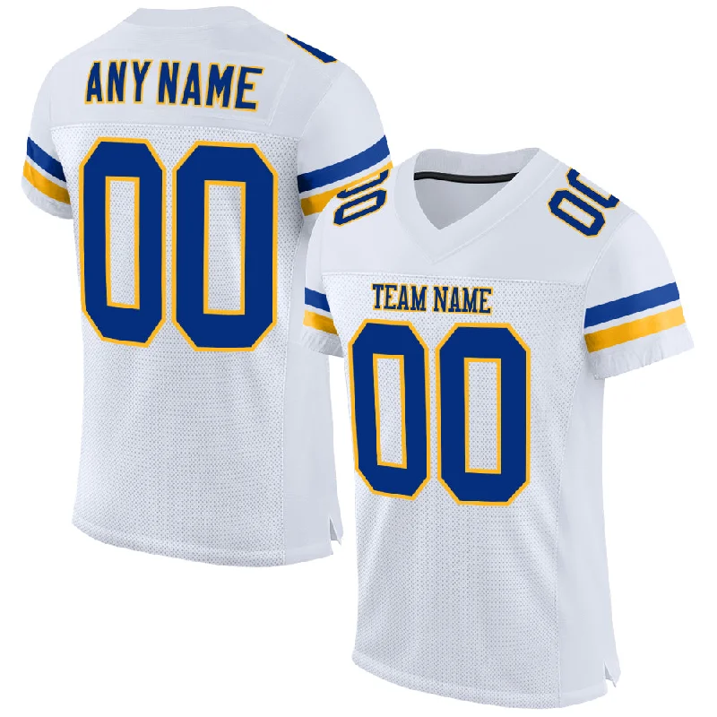 Football Jersey For Defensive Linemen-Custom White Royal-Gold Mesh Authentic Football Jersey