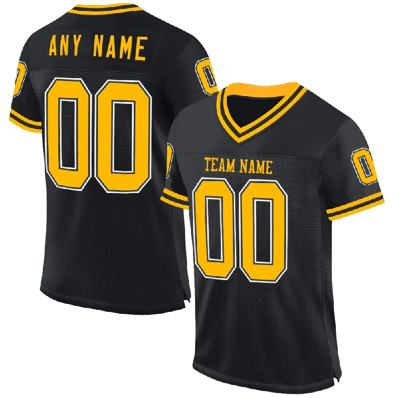 Football Jersey With Iconic Number-Custom Black Gold-White Mesh Authentic Throwback Football Jersey