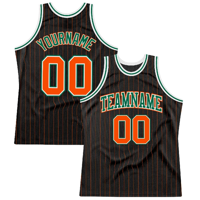 Basketball Jersey With Zip Closure-Custom Black Orange Pinstripe Orange-Kelly Green Authentic Basketball Jersey