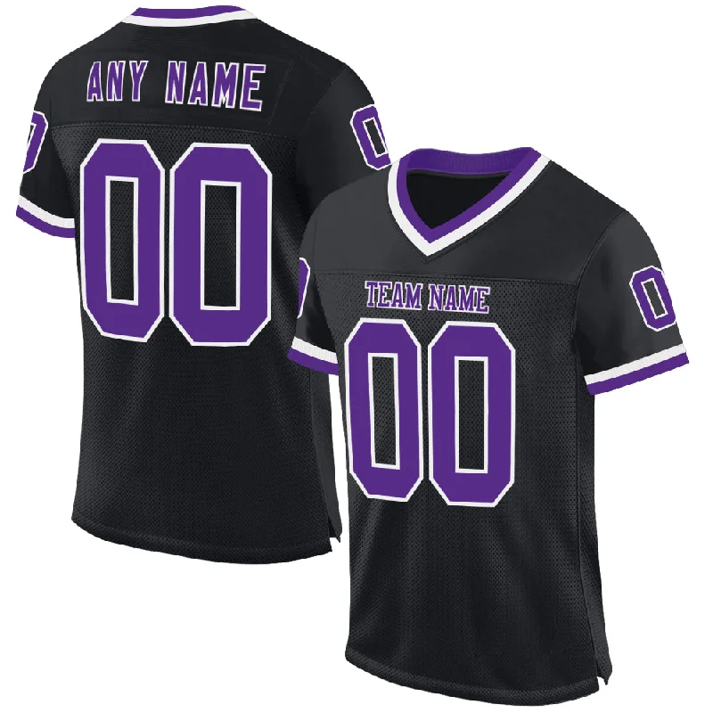 Football Jersey With Adjustable Fit-Custom Black Purple-White Mesh Authentic Throwback Football Jersey