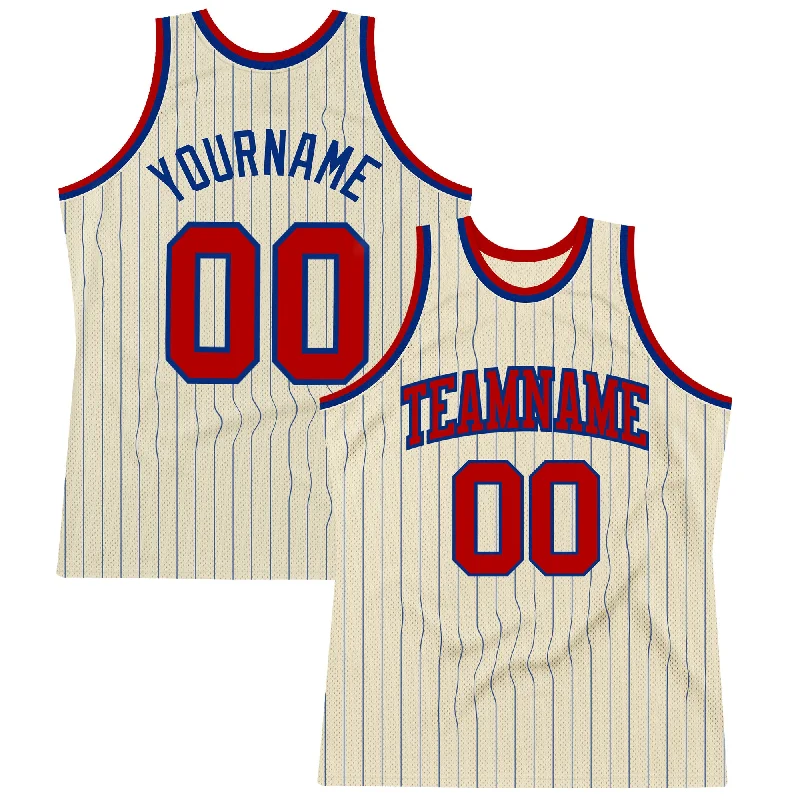 Basketball Jersey With Sleeveless Design-Custom Cream Royal Pinstripe Red Authentic Basketball Jersey