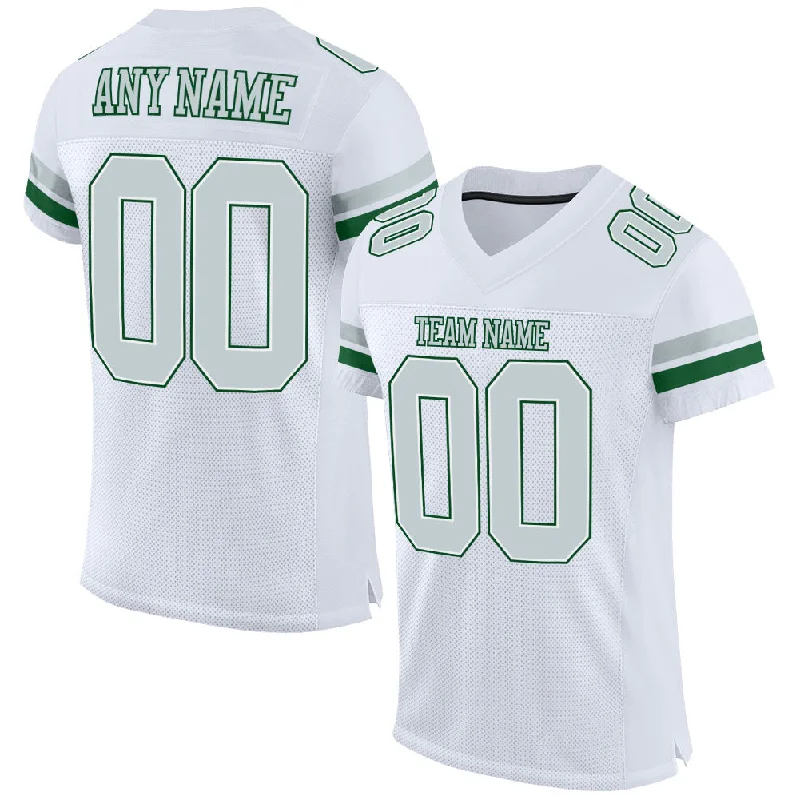 Football Jersey With Mesh Panels-Custom White Silver-Green Mesh Authentic Football Jersey