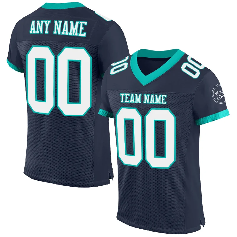 Football Jersey With Bold Lettering-Custom Navy White-Aqua Mesh Authentic Football Jersey