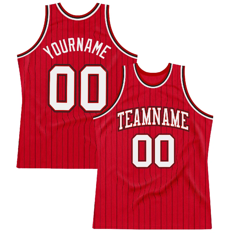 Basketball Jersey With Classic Basketball Script-Custom Red Black Pinstripe White-Black Authentic Basketball Jersey