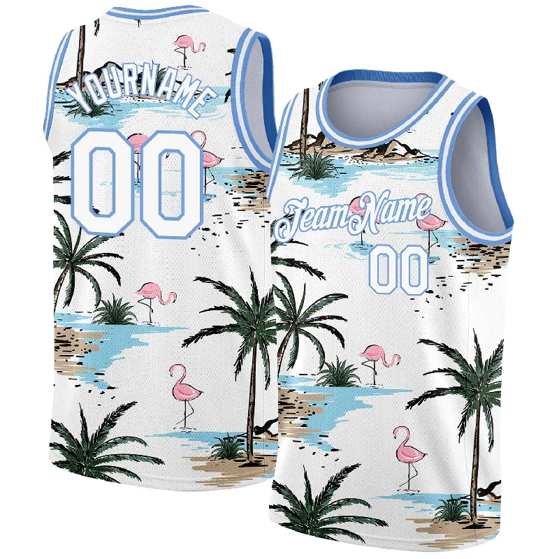 Basketball Jersey With High Durability-Custom White Light Blue 3D Pattern Tropical Hawaii Palm Trees Authentic Basketball Jersey