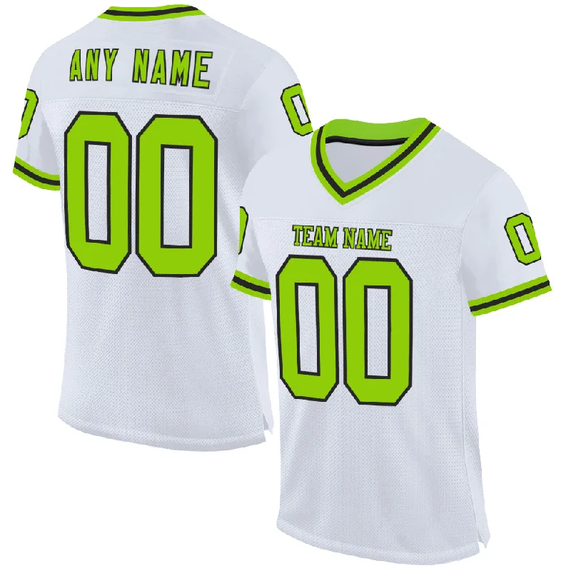 Football Jersey With Sweat-Wicking Tech-Custom White Neon Green-Black Mesh Authentic Throwback Football Jersey