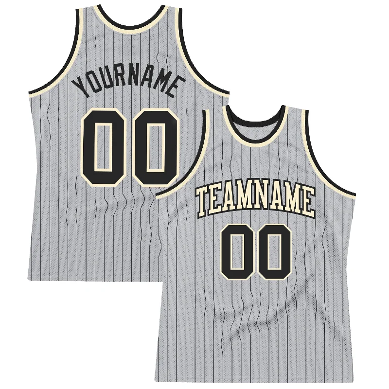 Basketball Jersey With Side Zippers-Custom Gray Black Pinstripe Black-Cream Authentic Basketball Jersey