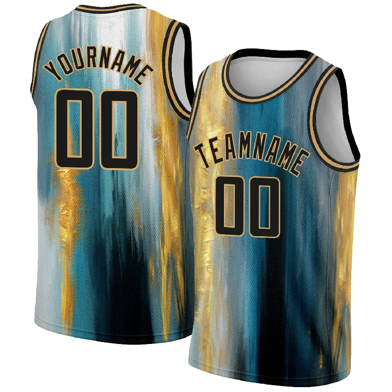 Basketball Jersey With Bold Graphic Print-Custom Old Gold Black 3D Pattern Design Gold Foil Authentic Basketball Jersey