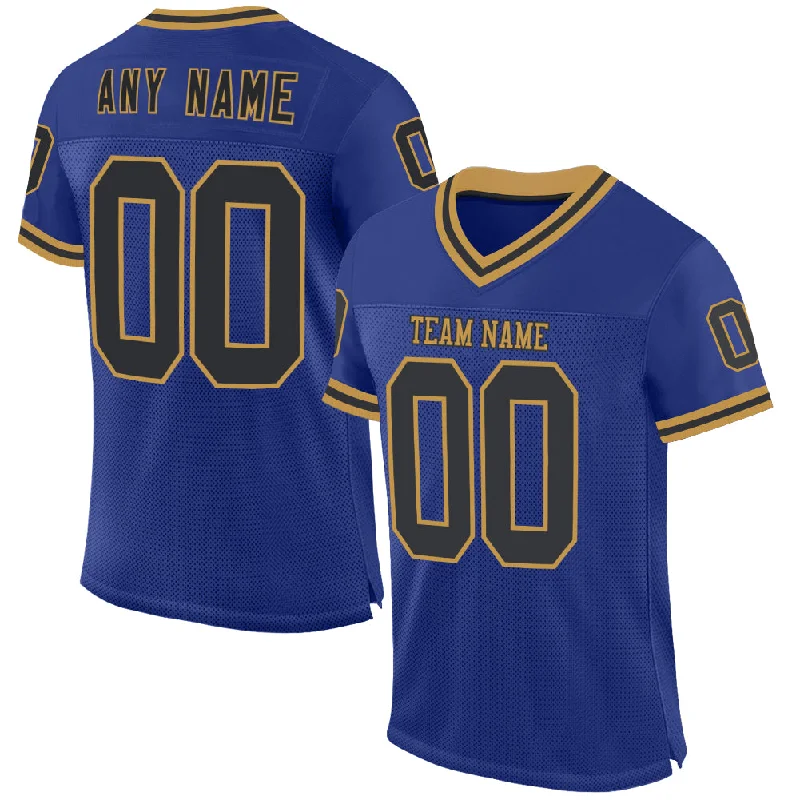 Football Jersey With Full Uniform Set-Custom Royal Black-Old Gold Mesh Authentic Throwback Football Jersey