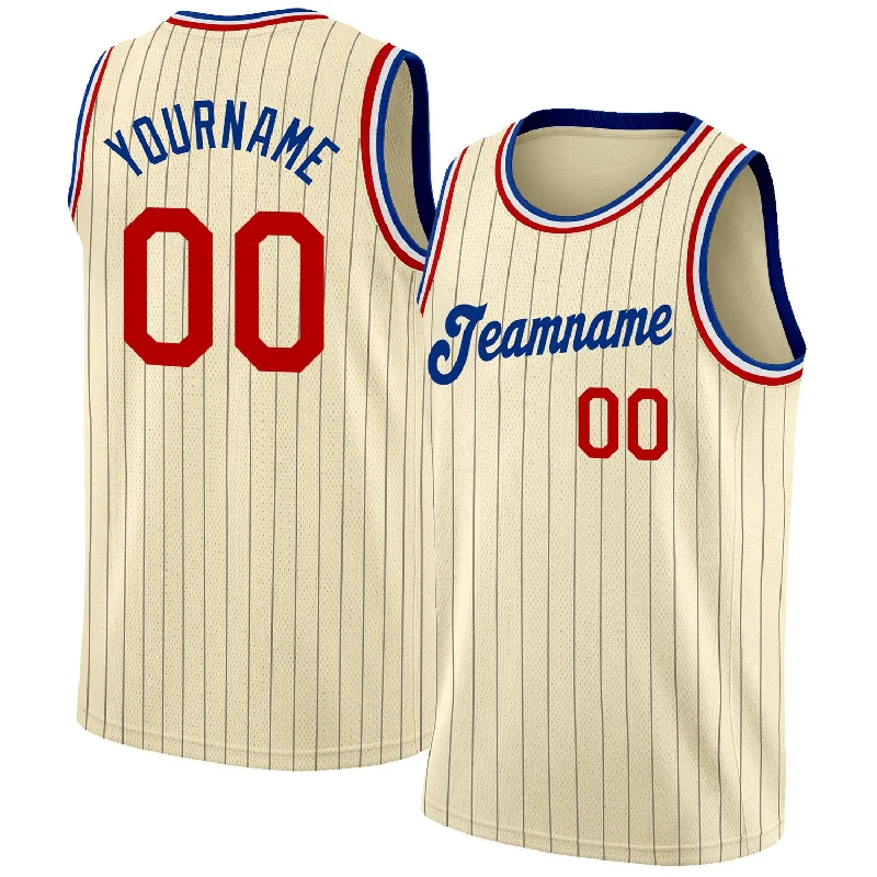 Basketball Jersey With Reflective Details-Custom Cream Black Pinstripe Red-Royal Authentic Basketball Jersey