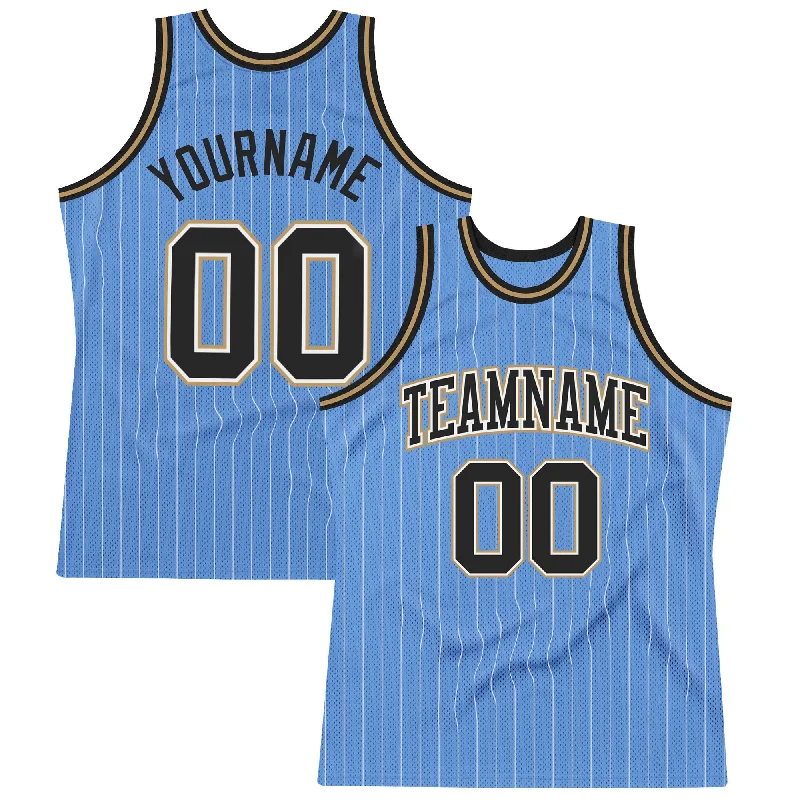 Basketball Jersey With Anti-Odor Treatment-Custom Light Blue White Pinstripe Black-Old Gold Authentic Basketball Jersey