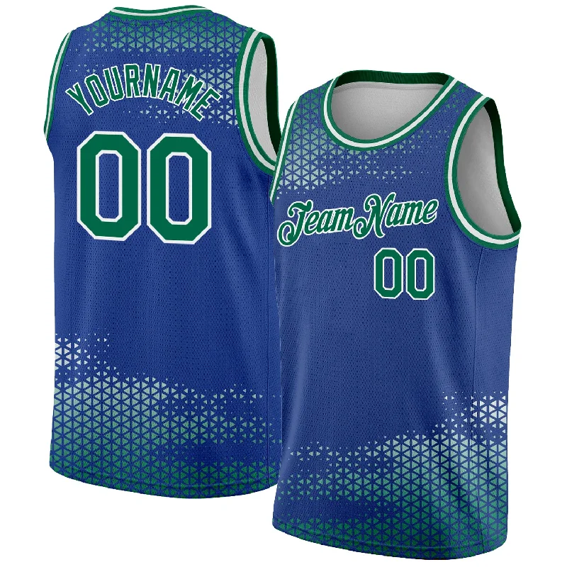 Basketball Jersey With High-End Materials-Custom Royal Kelly Green-White Triangle Shapes Authentic City Edition Basketball Jersey