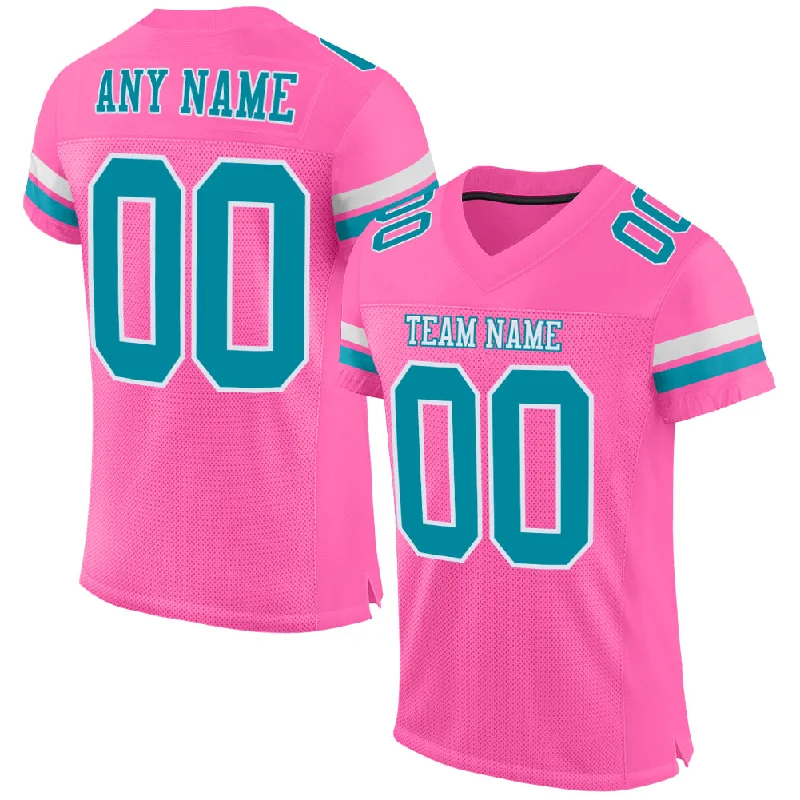 Football Jersey With 360-Degree Stretch-Custom Pink Teal-White Mesh Authentic Football Jersey